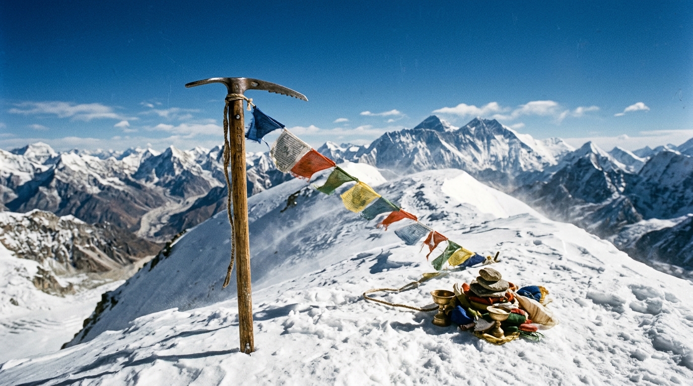 Vintage ice axe and Tibetan prayer flags on a snowy Mount Everest ridge representing Tenzing Norgay 1953 summit offerings Vintage ice axe and Tibetan prayer flags on a snowy Mount Everest ridge representing Tenzing Norgay 1953 summit offerings